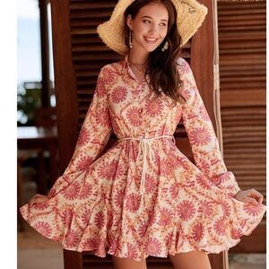 Zara Pink Orange Floral Medallion Boho Mini Dress with Cord Belt Size Small